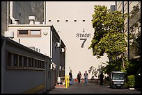 Outside huge stage buildings, Studios at Paramount. Hollywood, Los Angeles, California, USA (color)