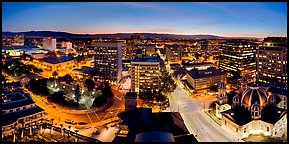 Downtown San Jose skyline and lights at dusk. San Jose, California, USA