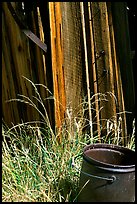 Bucket, grasses, and wall, Ghost Town, Bodie State Park. California, USA