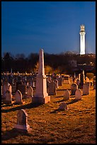 Cemetery and Pilgrim Monument by night, Provincetown. Cape Cod, Massachussets, USA ( color)