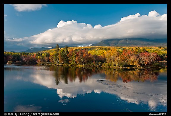 Mountain range and trees reflected in Penobscot River. Baxter State Park, Maine, USA
