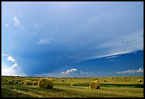 Storm cloud and hay rolls. North Dakota, USA