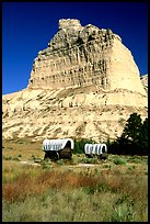 Old wagons and bluff. Scotts Bluff National Monument. Nebraska, USA