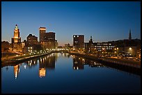 Wide view of downtown buildings reflected in Seekonk river at dusk. Providence, Rhode Island, USA ( color)