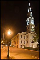 White-steppled Church and lamp at night. Providence, Rhode Island, USA ( color)