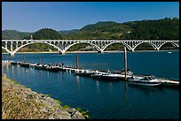 Boat deck and Isaac Lee Patterson Bridge over the Rogue River. Oregon, USA