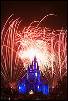 Fireworks over fairy-tale fortress. Orlando, Florida, USA (color)