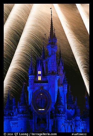 Fairy-tale castle at night with fireworks. Orlando, Florida, USA