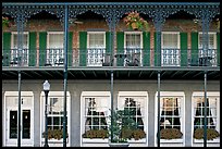Balcony with wrought-iron decor, Marshall House, Savannah oldest hotel. Savannah, Georgia, USA (color)