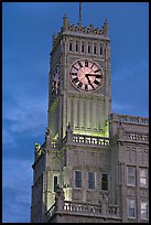 Art Deco clock tower at dusk. Jackson, Mississippi, USA ( color)