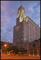 Art Deco building with clock tower at dusk. Jackson, Mississippi, USA (color)