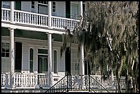 Facade with balconies, columns, and spanish moss. Beaufort, South Carolina, USA