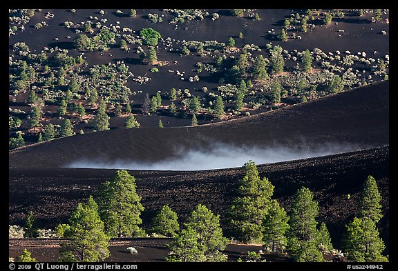 Steam rising from cinder landscape, Sunset Crater Volcano National Monument. Arizona, USA