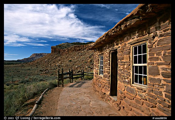 West Cabin and Vermillion Cliffs. Pipe Spring National Monument, Arizona, USA (color)