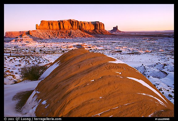 Snowy sunrise. Monument Valley Tribal Park, Navajo Nation, Arizona and Utah, USA (color)