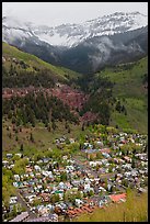 Town, waterfall, and snowy mountains in spring. Telluride, Colorado, USA
