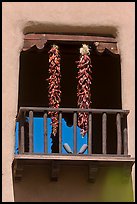Ristras hanging from tower. Santa Fe, New Mexico, USA (color)