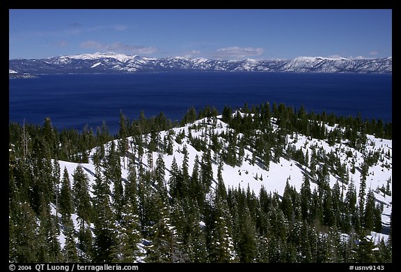 Lake in winter seen from the western mountains, Lake Tahoe, California. USA