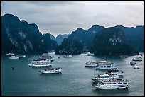 Tour boats and karstic islands from above. Halong Bay, Vietnam (color)