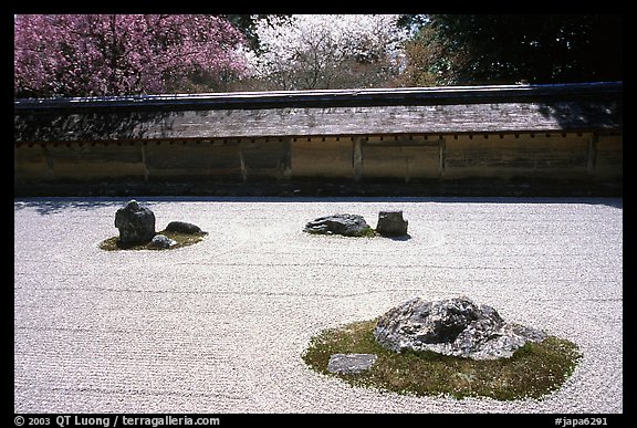 Classic stone and raked sand Zen garden, Ryoan-ji Temple. Kyoto, Japan (color)