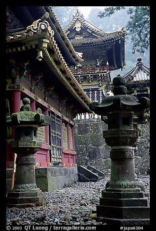 Urns, pavilion, and main hall in Tosho-gu Shrine. Nikko, Japan (color)