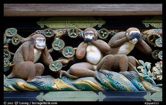 Three-monkey relief carving (hear no evil, see no evil, speak no evil) on Shinkyusha. Nikko, Japan (color)