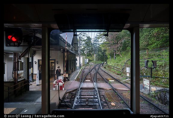 Narrow-gauge mountain train tracks, Hakone. Japan (color)