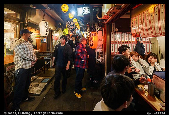 Crowded alley lined up with bars and restaurants, Omoide Yokocho, Shinjuku. Tokyo, Japan (color)