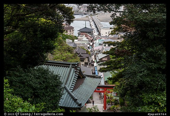 Benzaiten Nakamise Street and Enoshima Benten-bashi causeway. Enoshima Island, Japan (color)