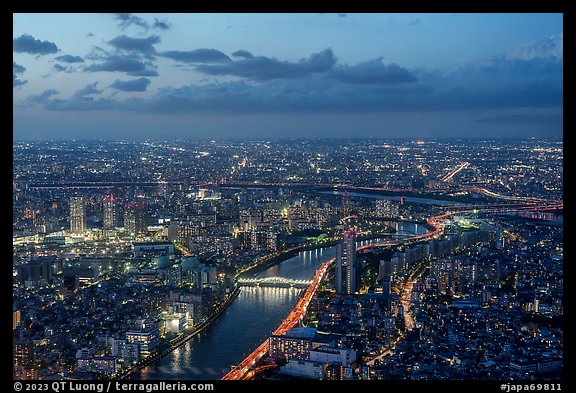 City view from above with rivers at dusk, Sumida. Tokyo, Japan (color)