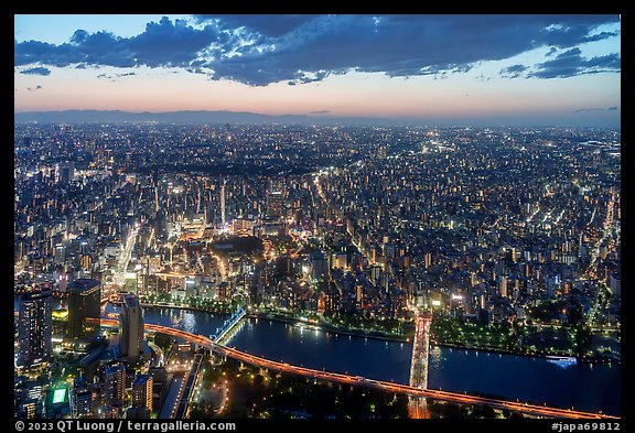 City view from above at twilight, Asakusa. Tokyo, Japan