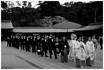Traditional Shinto wedding procession at the Meiji-jingu Shrine. Tokyo, Japan (black and white)