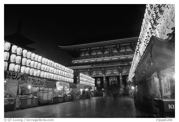 Nakamise-dori and  Senso-ji temple by night. Tokyo, Japan (black and white)