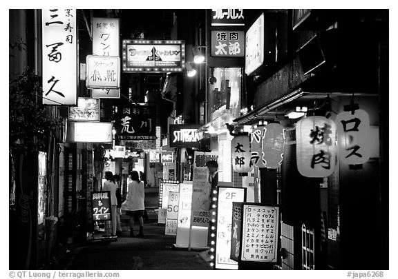 Narrow alley in the Pontocho entertainment district by night. Kyoto, Japan (black and white)