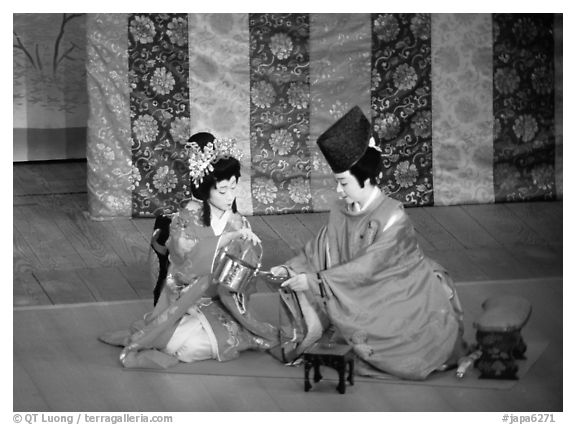 Tea ceremony performed at the Gion Kobu Kaburen-jo theatre. Kyoto, Japan (black and white)
