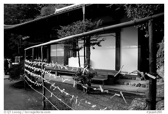 Prayer notes in a temple. Kyoto, Japan (black and white)