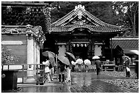 Honden (main hall) of Tosho-gu Shrine on a rainy day. Nikko, Japan (black and white)