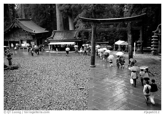 Tori in Tosho-gu Shrine on a rainy day. Nikko, Japan (black and white)