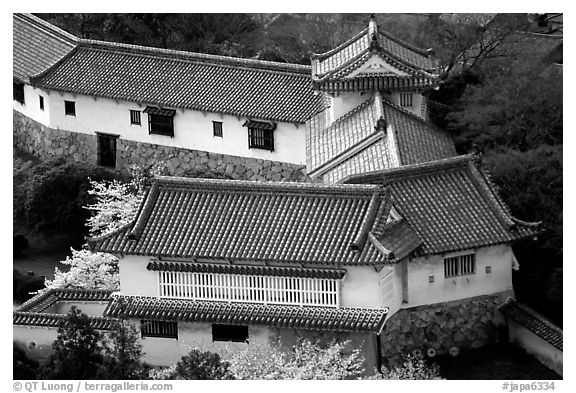 Secondary structures in castle. Himeji, Japan (black and white)