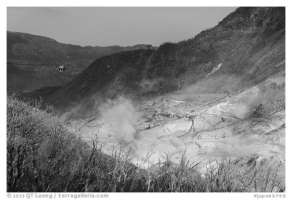 Ōwakudani sulphur vents and Hakone Ropeway, Hakone. Japan (black and white)