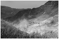 Ōwakudani sulphur vents and Hakone Ropeway, Hakone. Japan ( black and white)