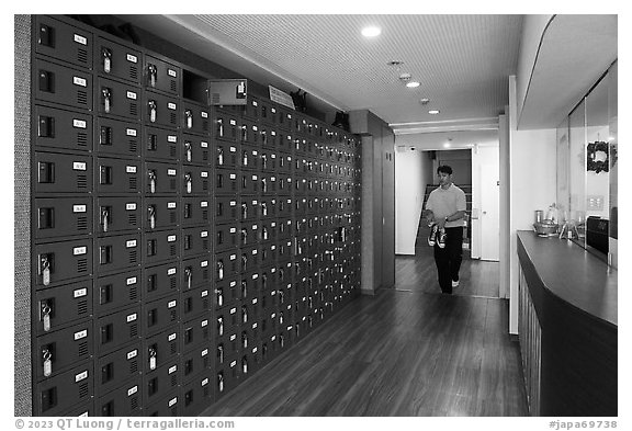 Shoe lockers in hotel lobby, Shinjuku. Japan (black and white)