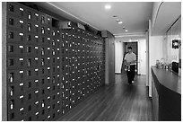 Shoe lockers in hotel lobby, Shinjuku. Japan ( black and white)