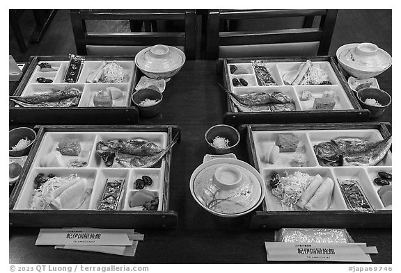 Japanese-style breakfast trays, Fujisawa. Japan (black and white)