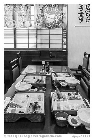 Restaurant with Japanese-style breakfast, Fujisawa. Japan (black and white)