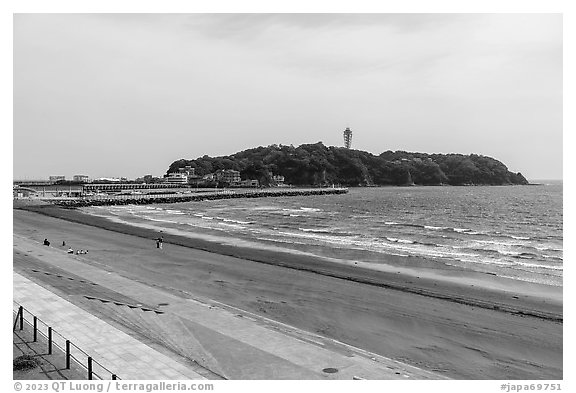 Katase Nishihama beach and Enoshima Island. Enoshima Island, Japan (black and white)