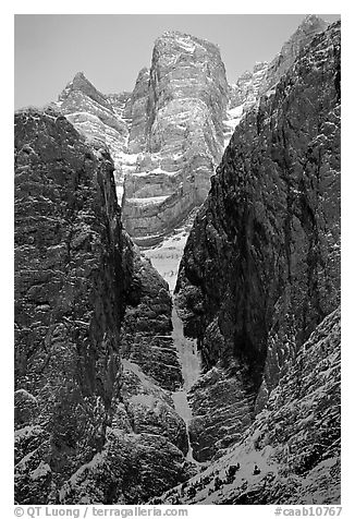 Frozen waterfall called Polar Circus, on Cirrus Mountain. Banff National Park, Canadian Rockies, Alberta, Canada (black and white)