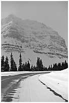 Icefields Parkway partly covered by snow. Banff National Park, Canadian Rockies, Alberta, Canada (black and white)