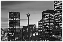 Tower and high-rise buildings, at dusk. Calgary, Alberta, Canada (black and white)