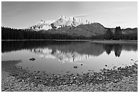 Two Jack Lake shore and Mt Rundle, early morning. Banff National Park, Canadian Rockies, Alberta, Canada ( black and white)